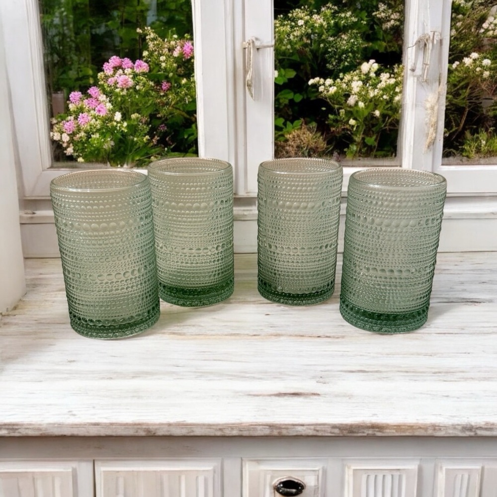 NEW Beautiful Set Of Heavy Sage Green Hobnail Glasses